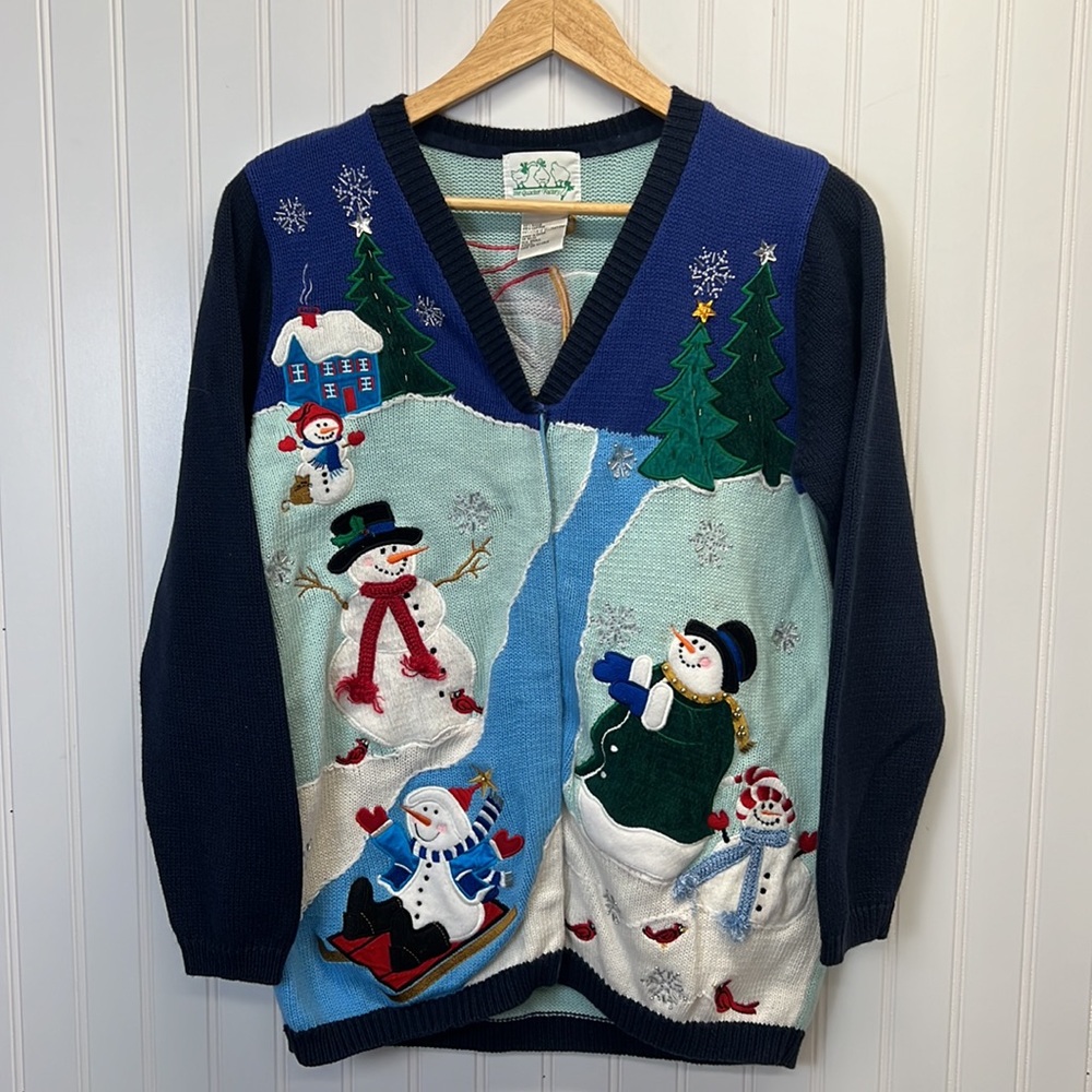 The Quacker Factory Snowman Appliqué Embroidered‎ Knit Cardigan